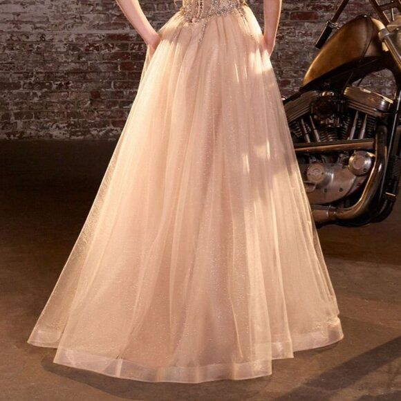 New Gold Strapless A-Line Tulle Beaded Dress w/ Lace Up Back & V-Neck CD721 - Picture 9 of 9